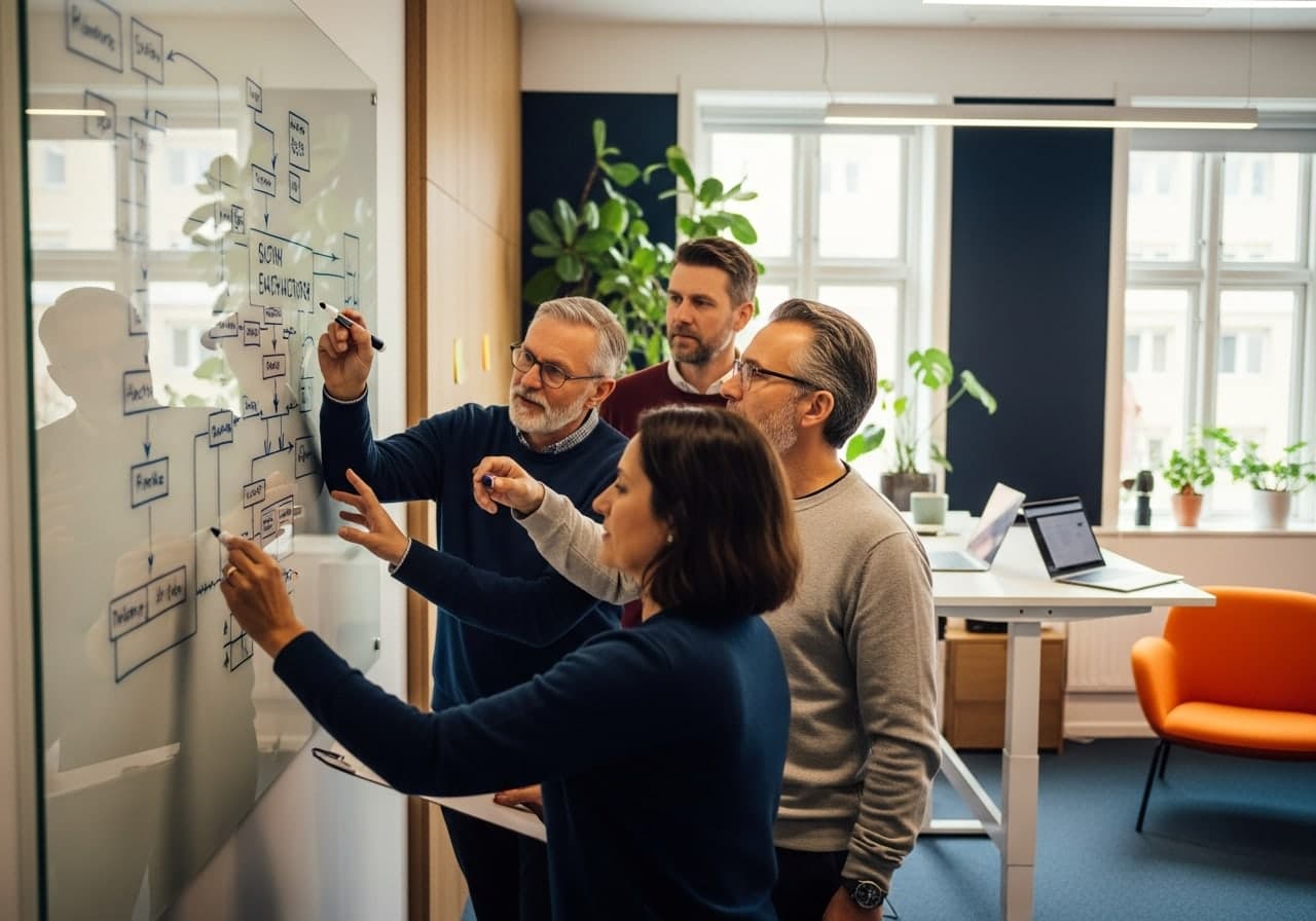 The Vesster team working through a system design at the whiteboard