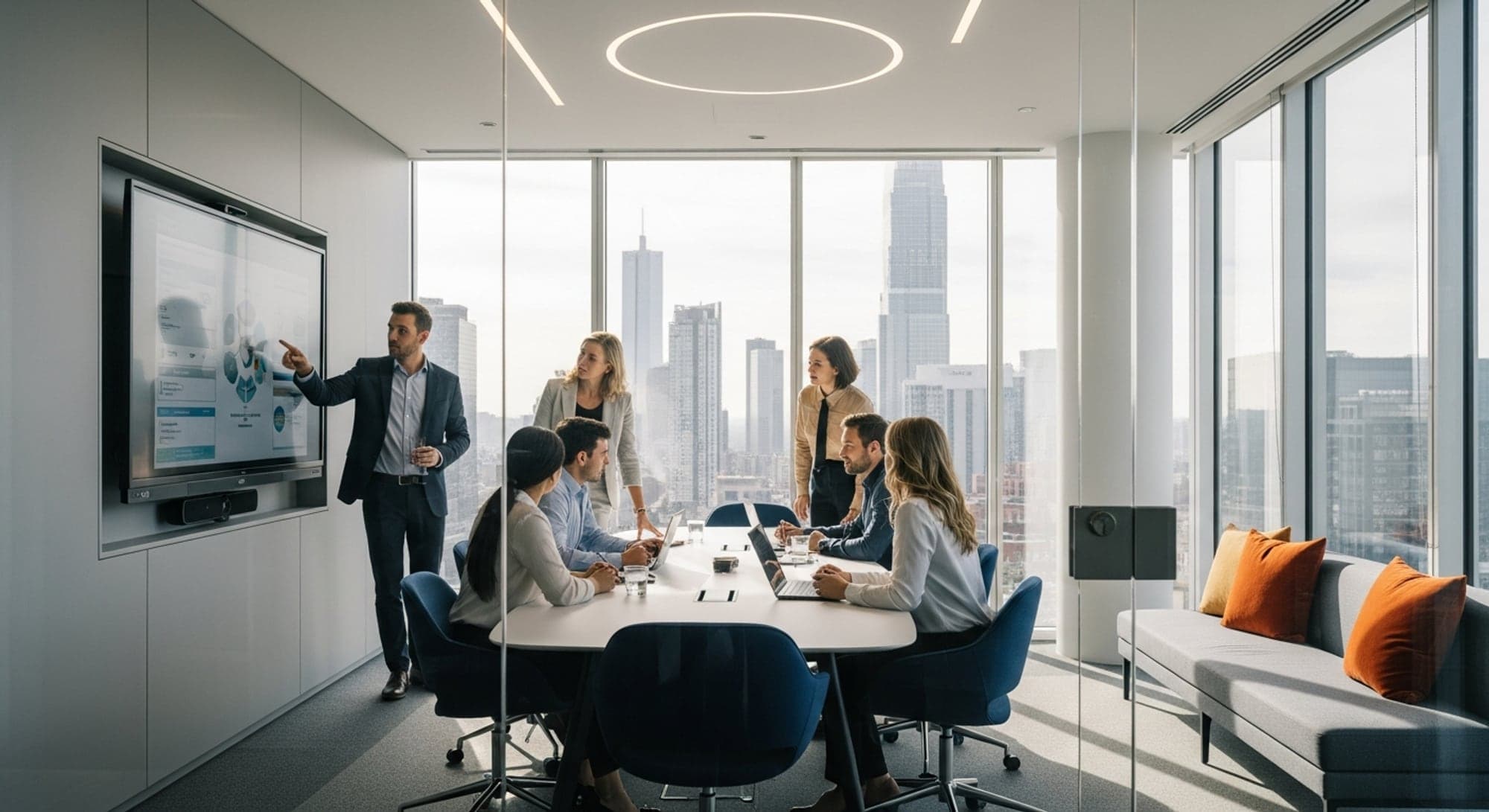 A bank leadership team in a governed review at dusk